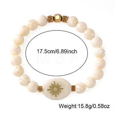 Round Natural Shell & Synthetic Non-magnetic Iron Hematite Beads Stretch Bracelets RD2140-1