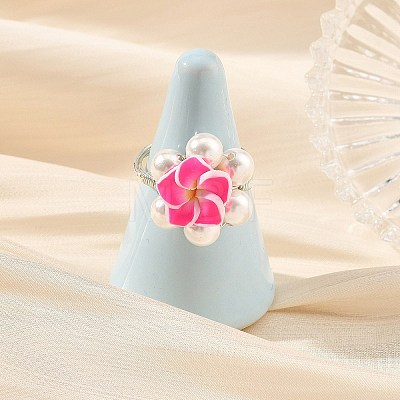 Silver Tone Copper Wire Wrapped Polymer Clay 3D Flower Plumeria & Shell Pearl Beaded Finger Rings RJEW-JR01098-1