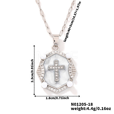 Shiny Retro Brass Micro Pave Clear Cubic Zirconia Oval with Cross Pendant Necklaces with Enamel YR4811-6-1