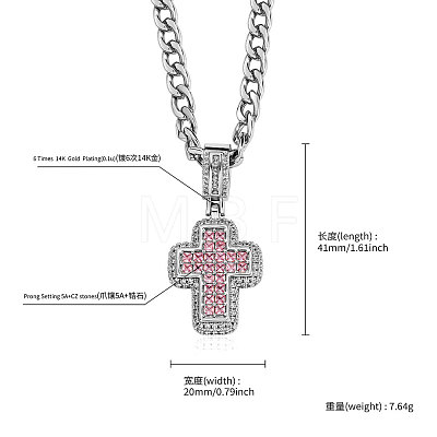 Brass Micro Pave Pink Cubic Zirconia Cubic Zirconia Cross Pendant Twisted Chain Necklaces for Women FS-WGE1C81-06-1