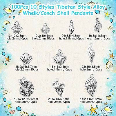 100Pcs 10 Styles Tibetan Style Alloy Whelk/Conch Shell Pendants TIBEP-CJ0001-61-1