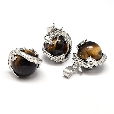 Dragon Platinum Plated Brass Natural Tiger Eye Pendants G-F228-04A-RS-1