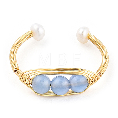Natural Aquamarine Braided Oval Open Cuff Ring with Pearl Beaded RJEW-T026-11G-1