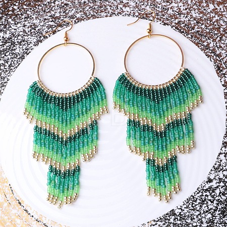 Alloy Glass Seed Beads Ring Tassel Dangle Earrings FS-WG48D5F-02-1