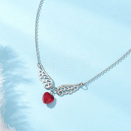 Red Heart with Alloy Angel Wings Pendant 304 Stainless Steel Cable Chain Necklaces NJEW-TA00218-1