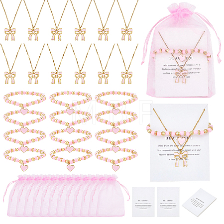 12Pcs Alloy Enamel Bowknot Pendant Necklaces & CCB Plastic Beads with Heart Charms Bracelets SJEW-ME00004-1