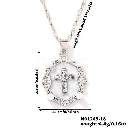 Shiny Retro Brass Micro Pave Clear Cubic Zirconia Oval with Cross Pendant Necklaces with Enamel YR4811-6-1