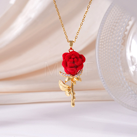 Valentine's Day Flocking Brass Micro Pave Clear Cubic Zirconia Rose Flower Pendant 304 Stainless Steel Cable Chain Necklaces for Women WG19B77-01-1