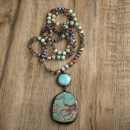 Bohemian Vintage Style Natural Shoushan Stone with Glass Pendant Necklaces FS-WG0BFE5-02-1