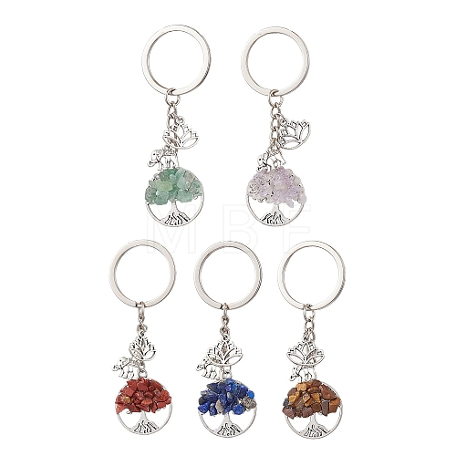 5Pcs 5 Styles Tree of Life Natural Amethyst & Tiger Eye & Red Jasper & Lapis Lazuli & Green Aventurine Pendant Keychains KEYC-JKC00924-1