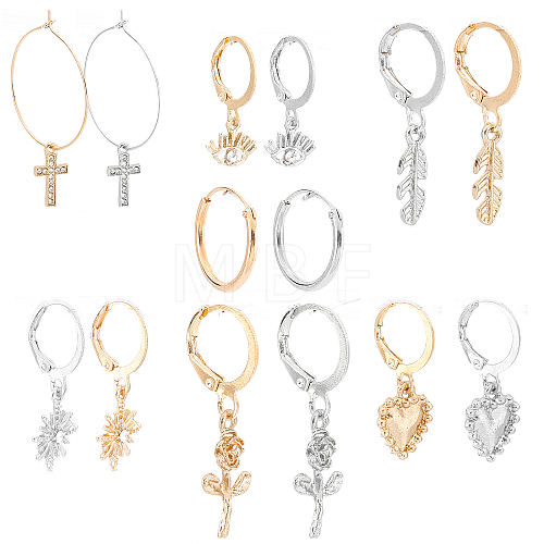 2 Sets 2 Colors Eye & Feather & Cross & Flower Alloy Dangle Hoop Earrings for Women EJEW-SC0001-31-1