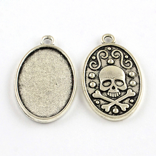 Oval Carved Skull Tibetan Style Alloy Pendant Cabochon Open Back Settings X-TIBEP-S289-01AS-RS-1