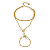 304 Stainless Steel and Imitation Pearl Multi-Strand Hand Chain Ring Bracelets with Clear Cubic Zirconia for Women VO2892-5