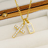 304 Stainless Steel Pave Cubic Zirconia April Birth Stone Religion Cross and Rectangle Pendant Necklaces WG51992-02-2