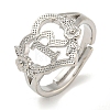 Heart with Letter & Flower Rack Plating Brass Adjustable Rings for Women RJEW-I105-05P-R-1