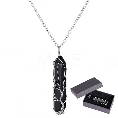 1Pc Natural Black Agate Bullet Macrame Pouch Pendant Alloy Chain Necklaces NJEW-PA0001-01E-1