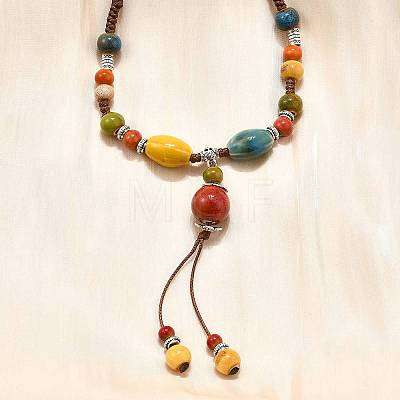 Ethnic Style Alloy & Porcelain Ceramic Beads Round Pendant Tassel Y Necklaces NJEW-D308-01A-1