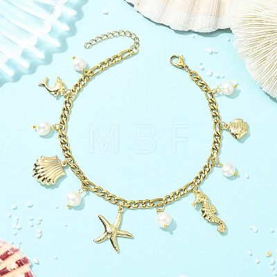 Ocean Natural Pearl & 304 Stainless Steel Starfish Sea Horse Shell Shape Charm Anklets for Women AJEW-AN00826-01-1