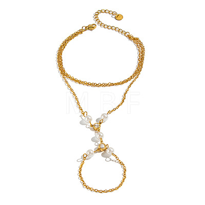 304 Stainless Steel and Imitation Pearl Multi-Strand Hand Chain Ring Bracelets with Clear Cubic Zirconia for Women VO2892-1