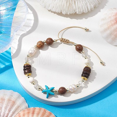 Adjustable Dyed Synthetic Turquoise & Coconut & Wood & Pearl Braided Bead Bracelets BJEW-JB10721-02-1