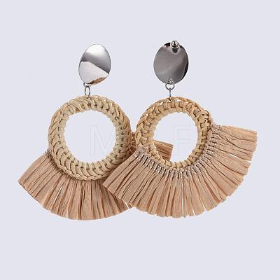 Handmade Reed Cane/Rattan Woven Dangle Earrings EJEW-JE03034-01-1