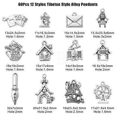 60Pcs 12 Styles Tibetan Style Alloy Pendants ST-CJ0002-56-1