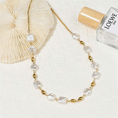 Natural Pearl Square & Flat Round Beaded Necklace with Stainless Steel Chains for Women SX4591-1-1
