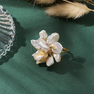 Flower Natural Pearl Adjustable Rings RJEW-P113-01G-1