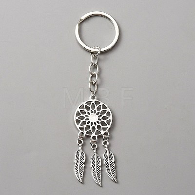 Woven Net/Web with Feather Alloy & Resin Pendant Keychain KEYC-WH0029-71AS-1