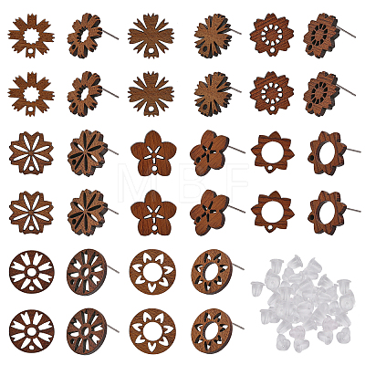 32Pcs 8 Style Leaf & Flower & Donut Walnut Wood Stud Earring Findings MAK-CA0001-17-1