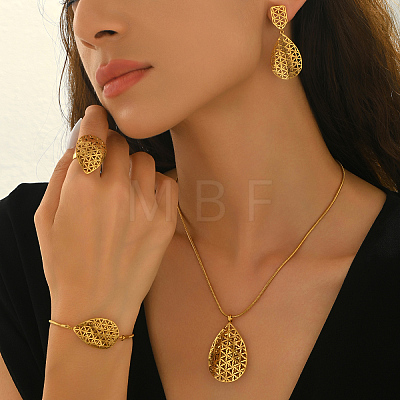 Stainless Steel Hollow Teardrop Bracelets & Earrings & Necklaces & Rings Sets for Women GO0087-1