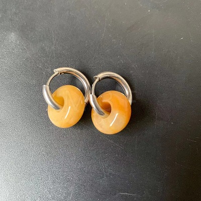 304 Stainless Steel & Natural Topaz Jade Rondelle Bead Hoop Earrings FS-WGF6A0C-09-1