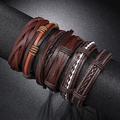 6Pcs 6 Style Adjustable Braided Imitation Leather Cord Bracelet Set BJEW-F458-09-1