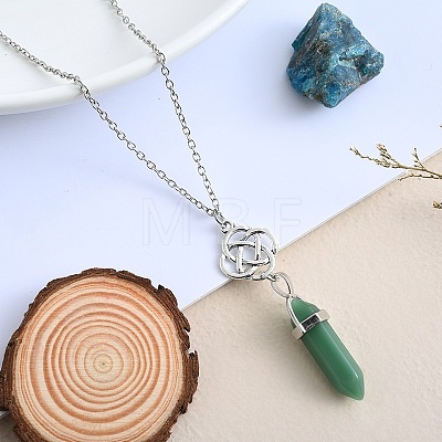Natural Green Aventurine Hexagonal Prism Pointed Faceted Bullet and Alloy Viking Knot Pendant Necklaces for Women VW3662-1-1