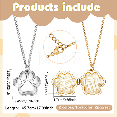 2Pcs 2 Colors Stainless Steel Paw Print Photo Locket Pendant Necklaces for Women NJEW-NB0001-39-1