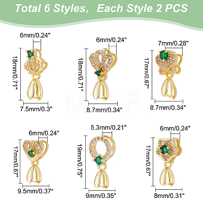   12Pcs 6 Style Brass Micro Pave Green Cubic Zirconia Ice Pick Pinch Bails Pendants KK-PH0004-81-1