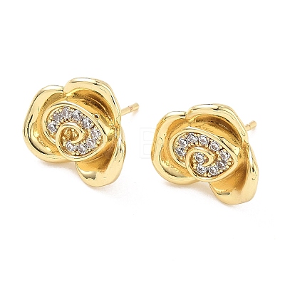 Rose Flower Brass Micro Pave Cubic Zirconia Stud Earrings EJEW-G452-08G-02-1