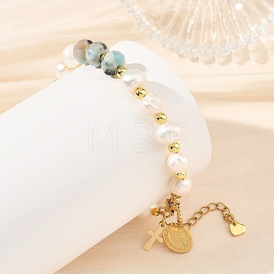 Rondelle Natural Larimar and Potato Natural Cultured Freshwater Pearl Beaded Bracelets BJEW-JB14435-1