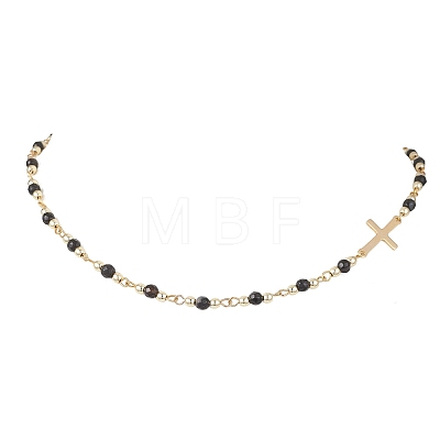 Faceted Dyed Natural Agate Round Beads & 304 Stainless Steel Tiny Cross Handmade Link Chain Necklaces NJEW-JN05842-02-1