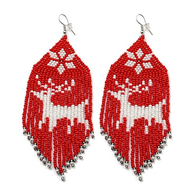 Boho Seed Bead Christmas Deer Tassel Earrings EJEW-Q380-03D-1