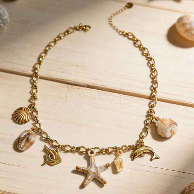 304 Stainless Steel Ocean Theme Shell Starfish Dolphin Multi Pendant Bib Necklace for Women Summer Beach Jewelry PT7319-1