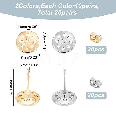 BENECREAT 20 Pairs 2 Color Brass Stud Earring Findings KK-BC0010-63-1
