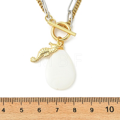 Summer Natural White Shell Teardrop and Sea Horse Pendant 304 Stainless Steel 2-Strand Chain Necklaces with OT Clasps for Men Women NJEW-JN06253-1