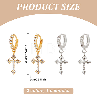 ANATTASOUL 2Pcs 2 Colors Brass Cross Dangle Hoop Earrings with Rhinestone EJEW-AN0004-64-1
