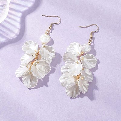Petaline with Shell Shape Glass Seed & ABS Imitation Pearl Dangle Earrings EJEW-MZ00672-1