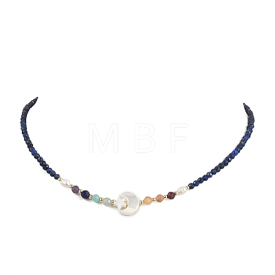 Natural Pearl & Star Moon White Shell & Faceted Round Natural Lapis Lazuli Beaded Necklaces for Women NJEW-JN06089-1