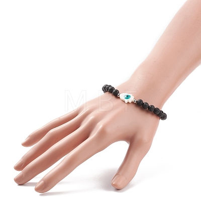 Hamsa Hand with Evil Eye Shell & Natural Lava Rock Beaded Stretch Bracelet BJEW-JB08235-04-1
