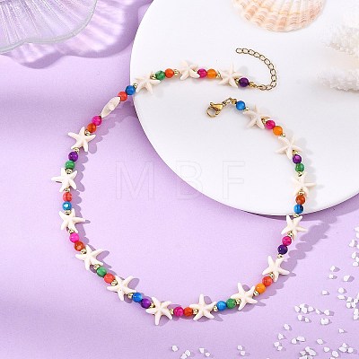 Ocean Dyed Round Natural Freshwater Shell & Synthetic Turquoise Starfish Beaded Necklaces for Women NJEW-JN06264-1