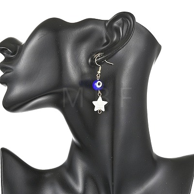 Handmade Lampwork Evil Eye and Natural Freshwater Shell Dangle Earrings EJEW-JE07450-1