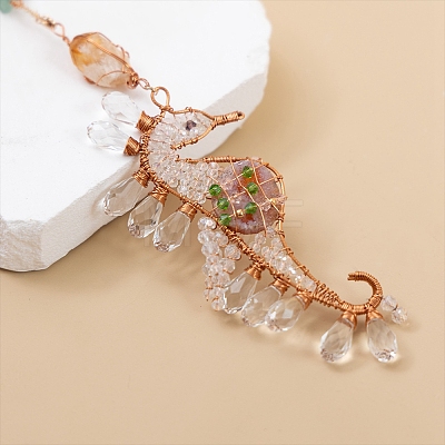 Wire Wrapped Glass Beads & Metal Sea Horse Hanging Ornaments PW-WG0697F-01-1